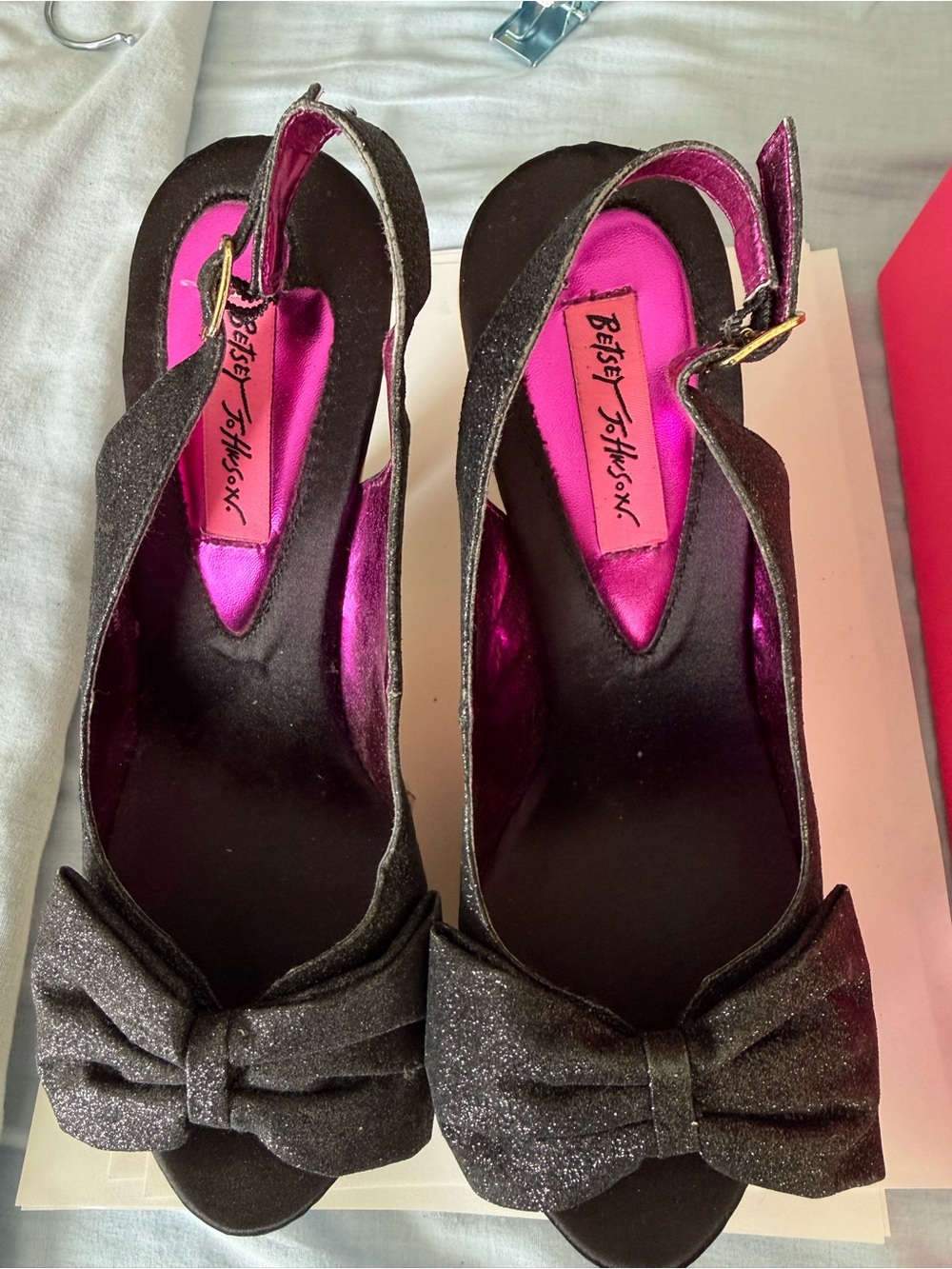 Betsey Johnson Black Glitter Bow Slingback Heels with Pink Insole